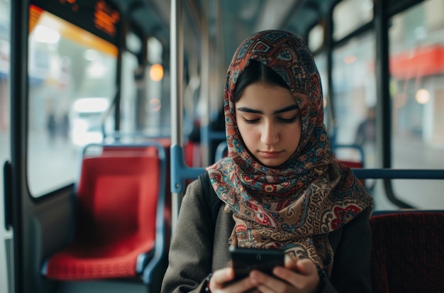 Muslim woman smartphone and morning bus ride to the office for public transport wifi connection and