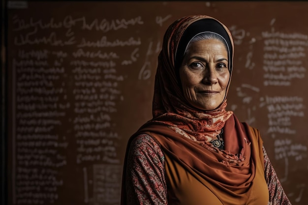 Muslim woman teacher standing in front of class