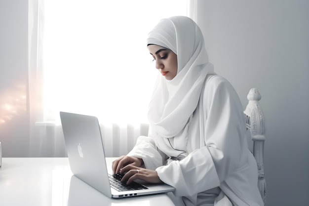 A muslim woman using laptop computer at home