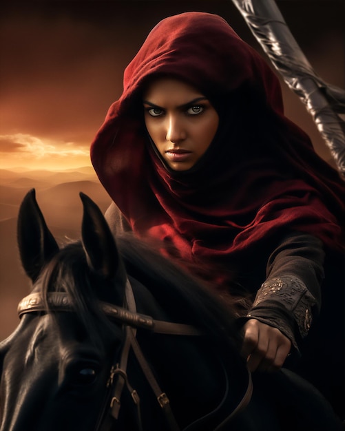 an muslim woman warrior in hijab and veil on horse in the Arabian desert