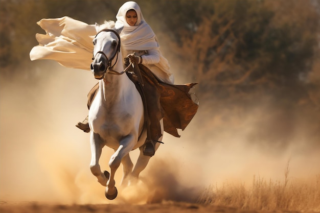 Foto una donna guerriera musulmana in hijab e velo a cavallo nel deserto arabo