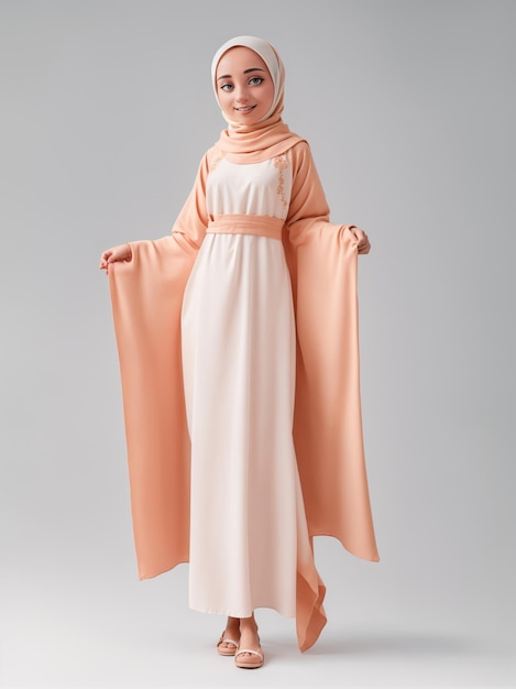 白と桃の色のドレスを着たイスラム教徒の女性