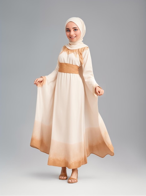 a muslim woman in a white dress and a beige hina hijab abaya caftan