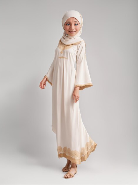 a muslim woman in a white dress and head scarf hijab abaya caftan