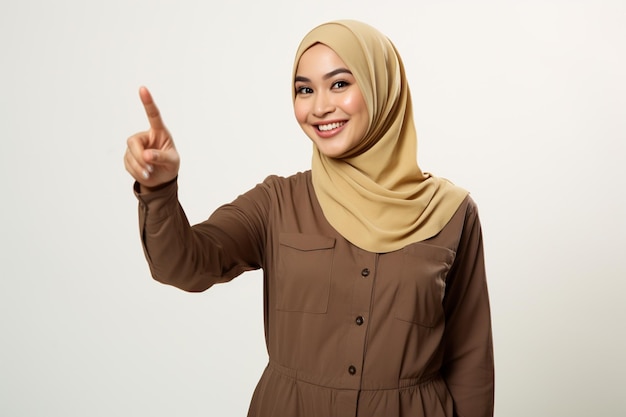 Photo a muslim woman with a hijab pointing at something