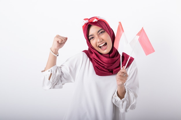 Muslim woman with indonesian flags