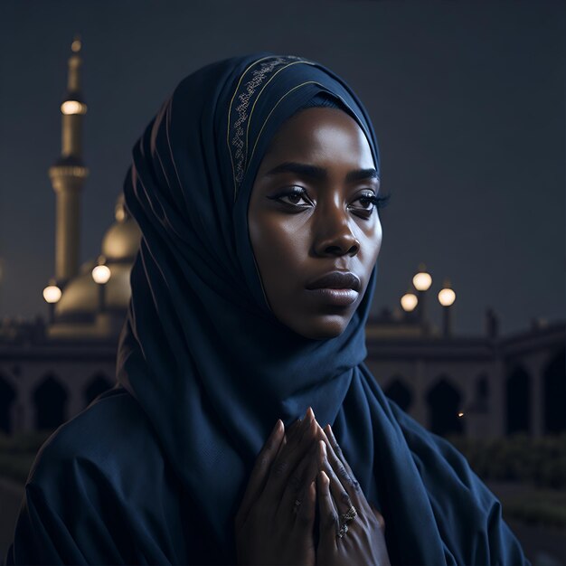 Photo muslim woman with a mosque in the background