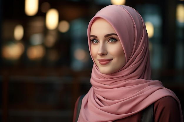 優しい笑顔のイスラム教徒の女性が乳がん啓発月間を祝っている