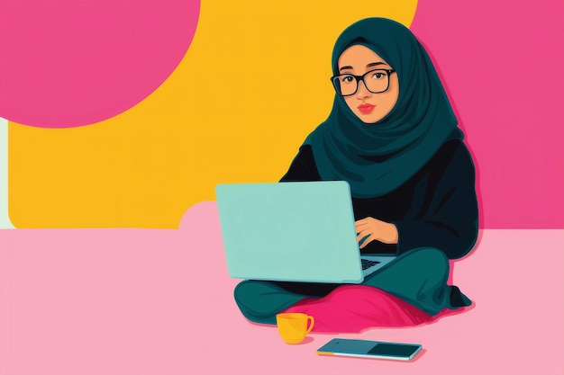 A muslim woman working on laptopbreaking barriers muslim women in the digital world generative ai