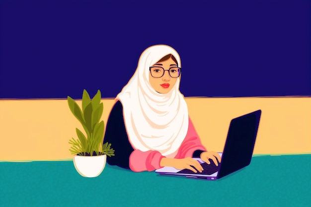 A muslim woman working on laptopbreaking barriers muslim women in the digital world generative ai