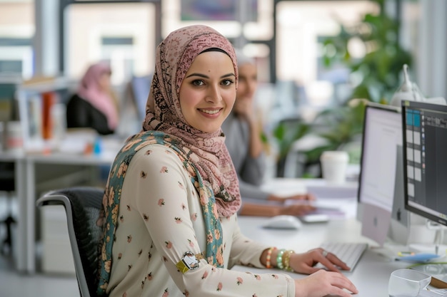 Muslim Woman Working in Modern Office with AI generated