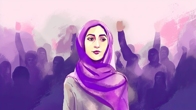 Мусульманки в Иране выступают за права женщин акварельной иллюстрацией в фиолетовых тонах Generative AI