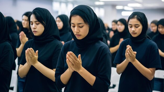 Photo muslim women wearing black shirts doing prayer according to the principles of islam