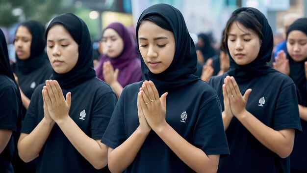 Photo muslim women wearing black shirts doing prayer according to the principles of islam