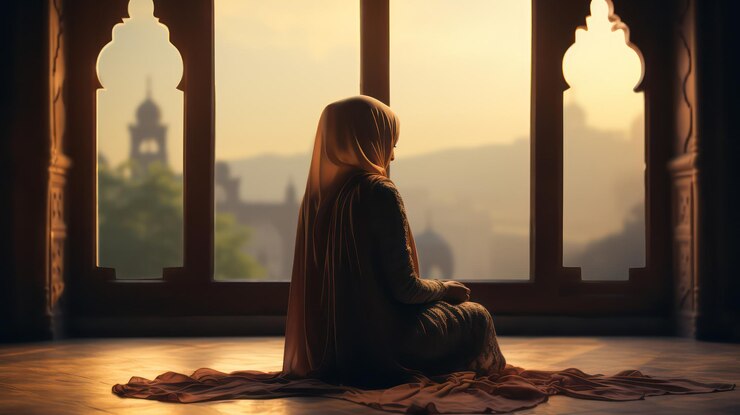 Muslim women wearing hijabs praying inside a beautiful and spacious mosque islamic Background and wallpaper