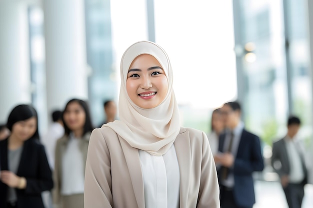 muslim worker in tech industry smile business building background