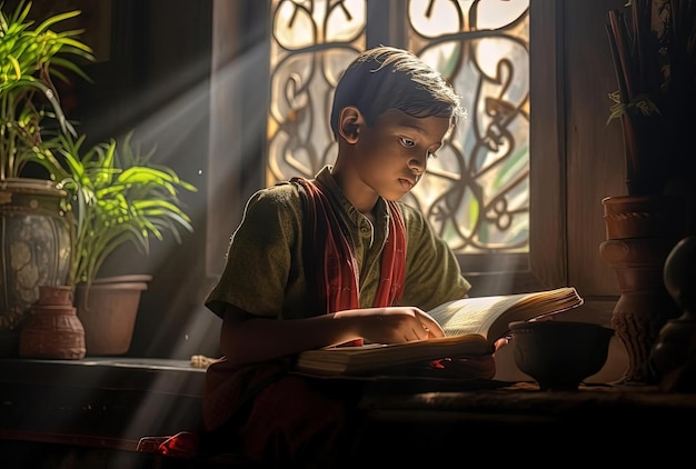 muslim young boy reading the book by the window in daylight