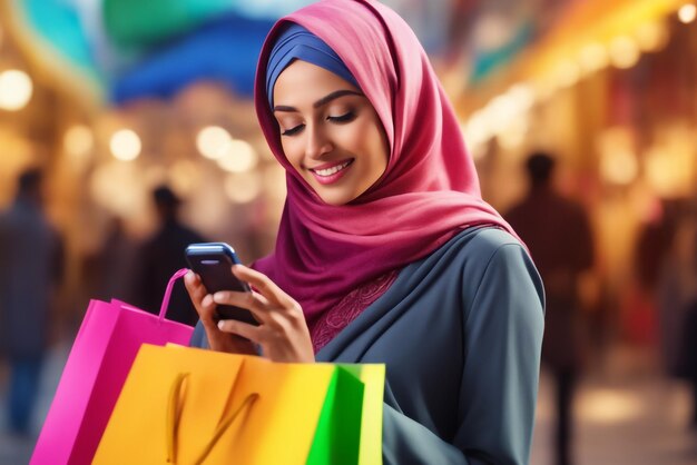 Muslim young woman using smart phone and holding colored shopping bag with copy space