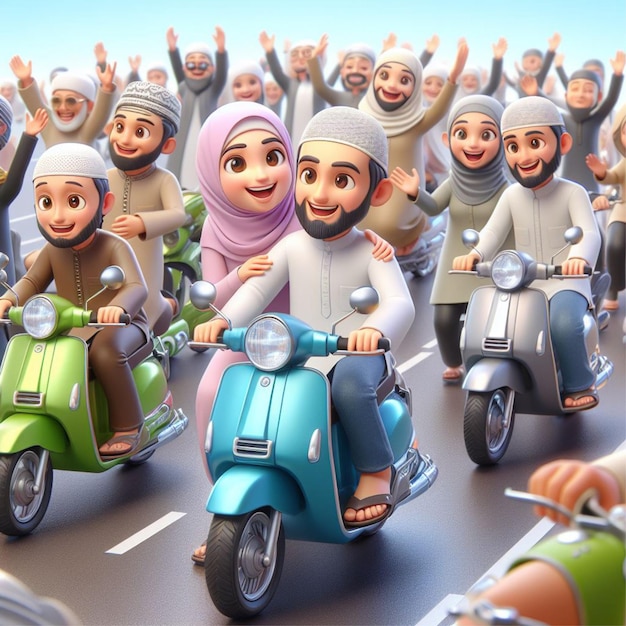 モーターバイクに乗ってイード・アル・フィトールを祝うイスラム教徒