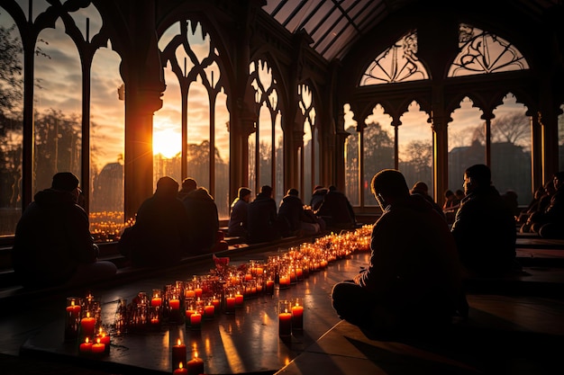 Muslims in communion during Ramadan breaking fasting at dusk generative IA