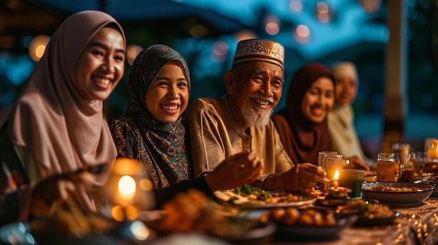 무슬림 가족이 라마단 기간 동안 식사를 하고 있습니다.