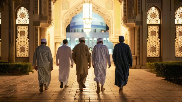 Foto musulmani davanti all'ingresso della moschea di notte per la preghiera