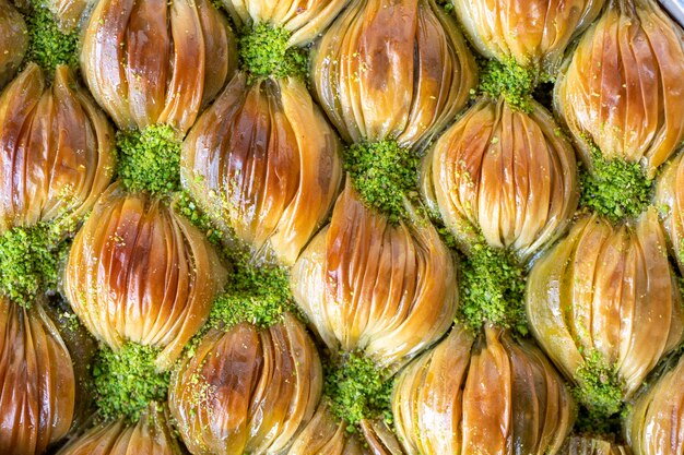 Mussel baklava with pistachio Traditional Turkish cuisine delicacies Top view