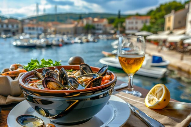 Photo mussel soup clam chowder shellfish dinner with clams seafood meal bowl mussel soup