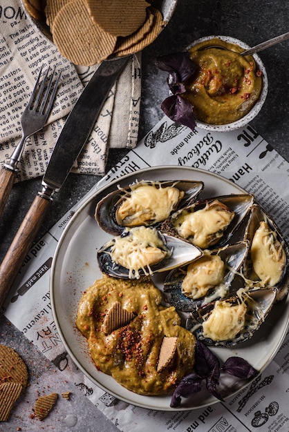 Mussels baked in casings with cheese