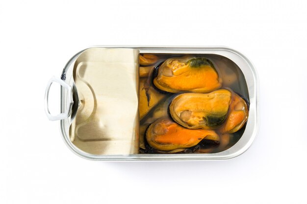 Mussels can preserves isolated on white. Top view.