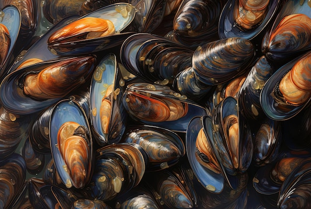 mussels in the market in the style of densely patterned imagery