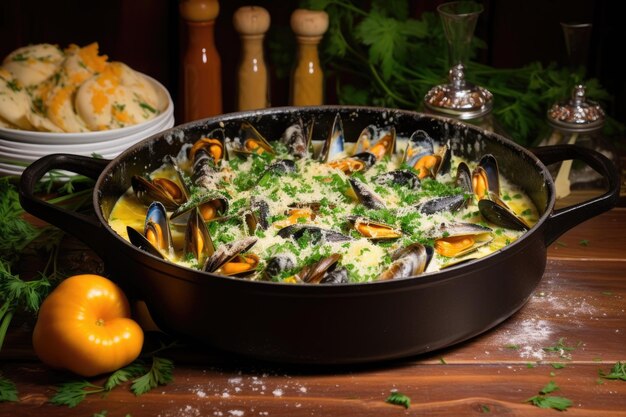 Photo mussels in a pan with garlic and butter