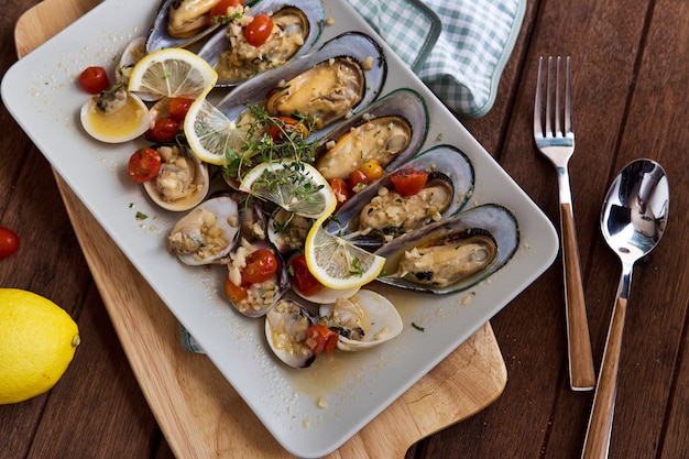 Mussels in a plate on the wooden