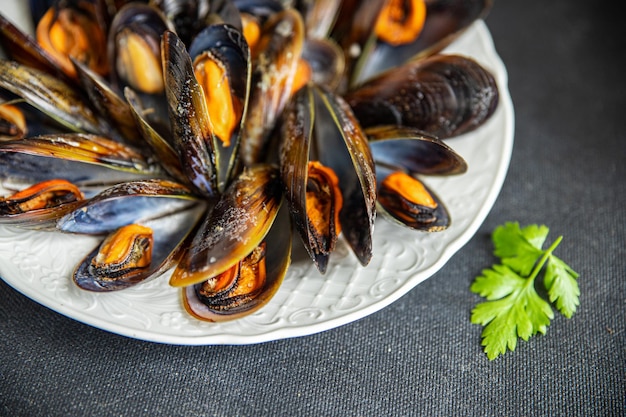 mussels in shells fresh seafood meal on the table copy space food background rustic top view