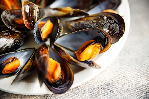 mussels in shells fresh seafood meal on the table copy space food background