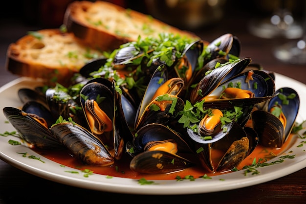 Mussels with lemon bread and parsley