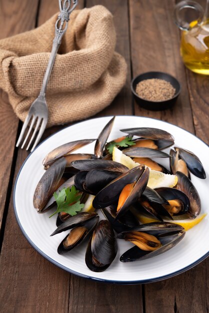 mussels on wooden table