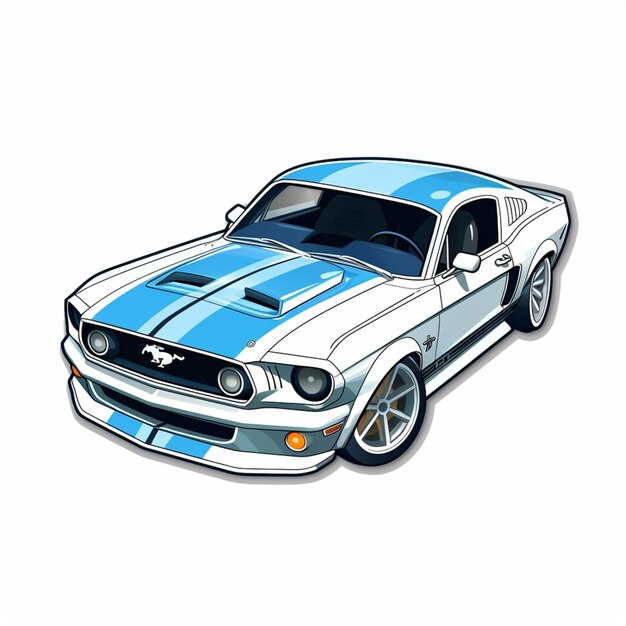 Photo mustang car with blue stripes and white stripes on the hood generative ai