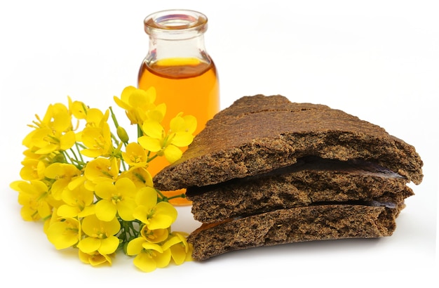 Fiori di senape, olio e torta su sfondo bianco