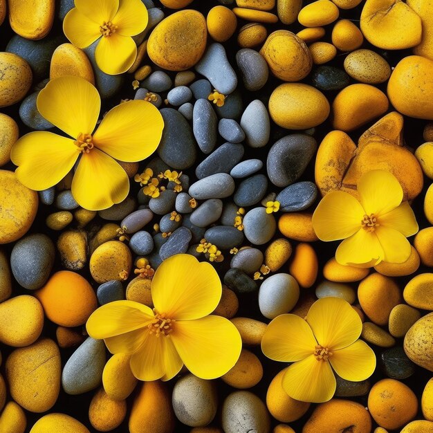 Mustard flowers pebbles modern vibrant background ai generated