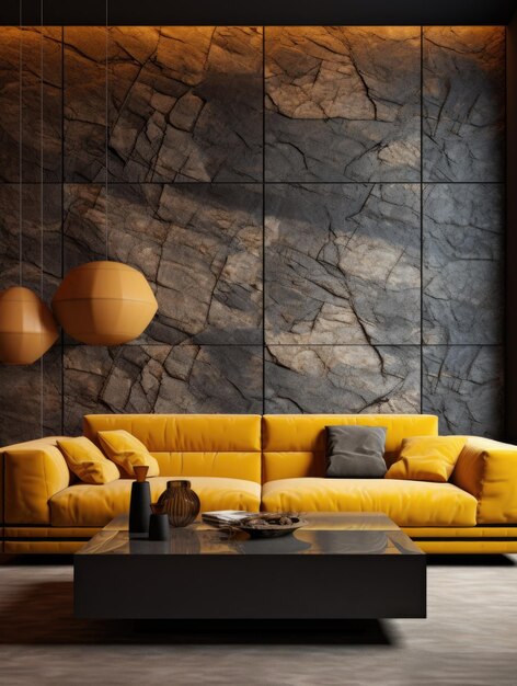 Mustard luxury sofa near chic and unique stone textured paneling wall Interior design