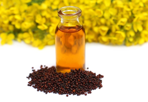 Mustard seed with oil and flower over white background