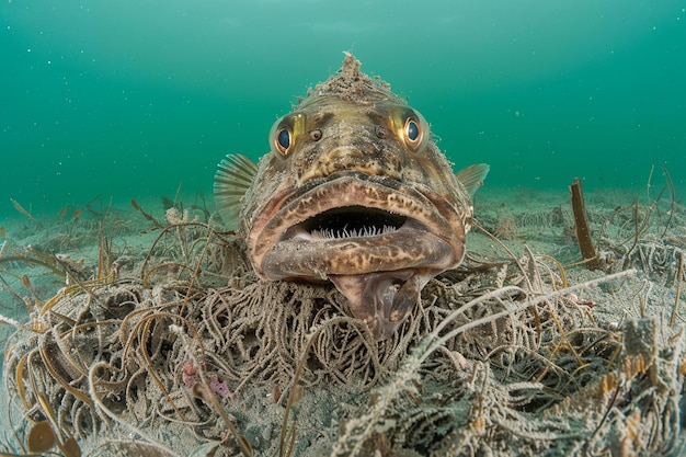 Photo mutated fish in a polluted sea with unnatural features and deformities caused