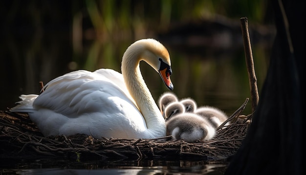 Mute swan family swimming in tranquil pond generated by AI