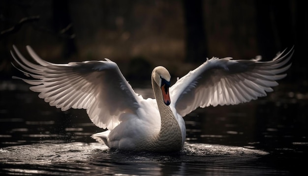 Mute swan spreads wings reflecting natural beauty generated by AI