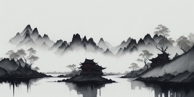 Photo muted chinese ink painting of mountain lakeside traditional old house landscape illustration created with generative ai technology