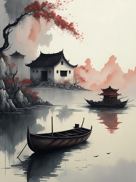 muted chinese ink painting muted colors