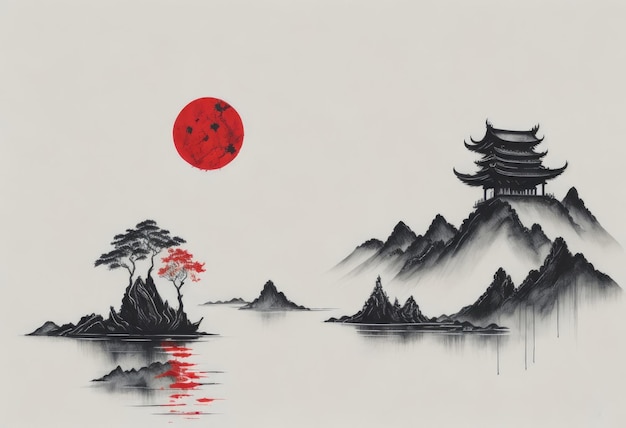 Muted Chinese ink painting scroll AI generated