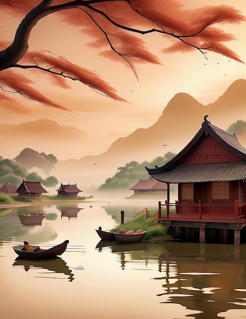 山を背景にした家とボートの落ち着いた中国画