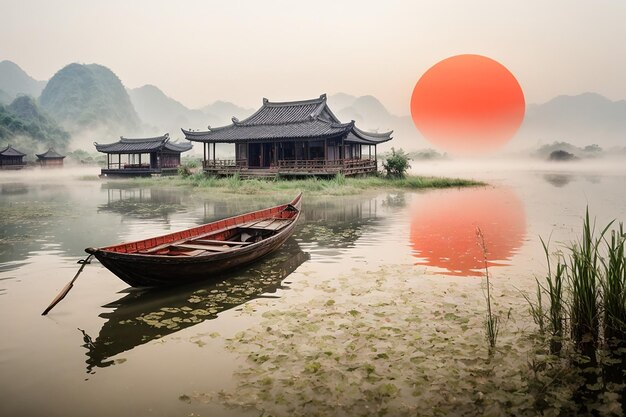 Foto scrollo cinese silenziato barca ninh binh rosso sole nebbia laghetto carta di riso consistenza perfetta composizione